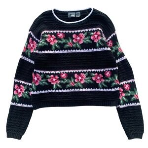 Vintage Lizwear Floral Cable Knit Sweater Black Pink Cotton Crewneck Medium USA